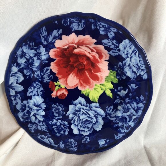 Pioneer Woman Heritage Floral Luncheon Plate 8.5" Blue w/ Red Rose - Picture 2 of 5